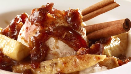 Cinnamon Caramelized Bananas and Medjool Dates over Ice Cream