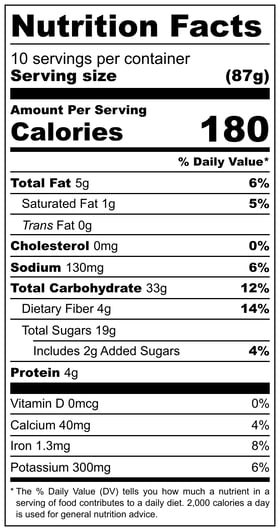 Pumpkin Pie Hummus - Nutrition Label