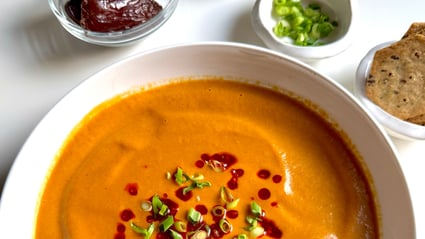 Creamy Roasted Tomato, Sweet Potato, & Date Soup   