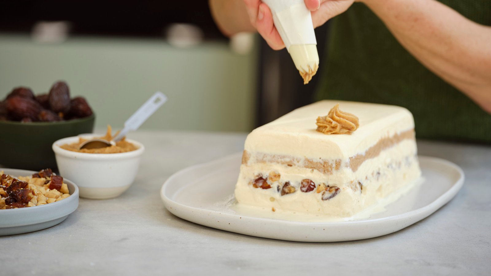Date Caramel Ice Cream Cake with Peanut Crumble