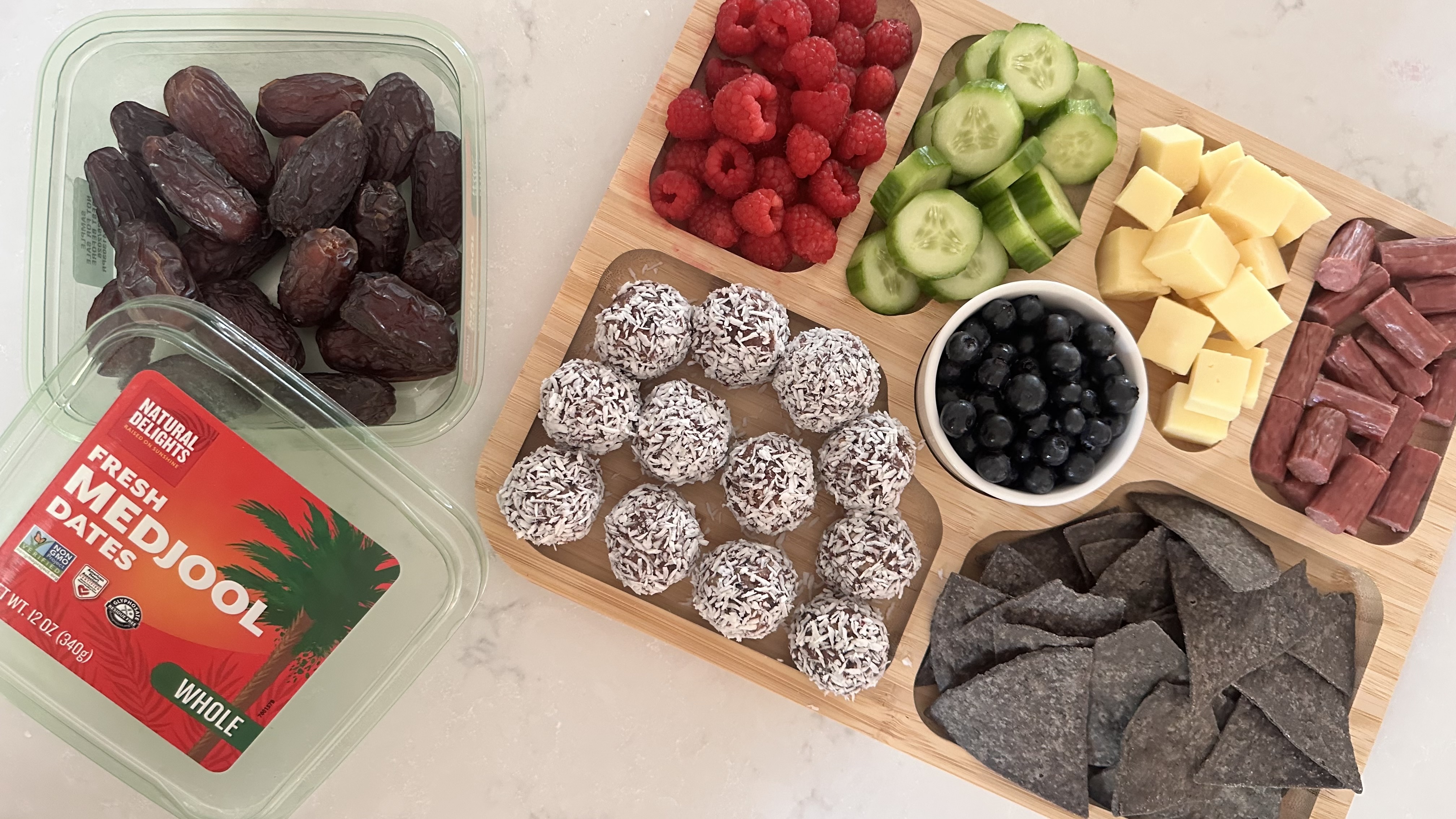 Strawberry, Blueberry, and Coconut Date Bliss Balls