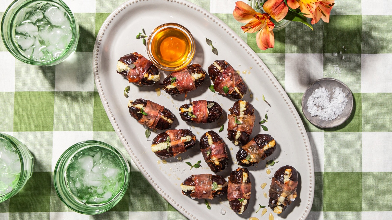 Prosciutto wrapped dates with honey and thyme