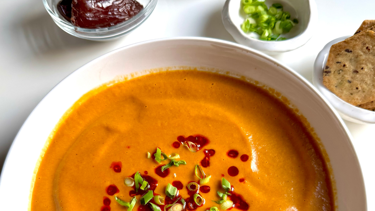 Creamy Roasted Tomato, Sweet Potato, & Date Soup   