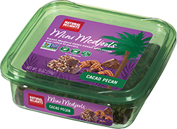 angled view of Mini Medjools Cacao Pecan US packaging