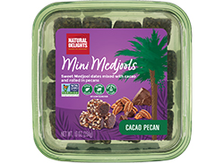 top view of Mini Medjools Cacao Pecan US packaging