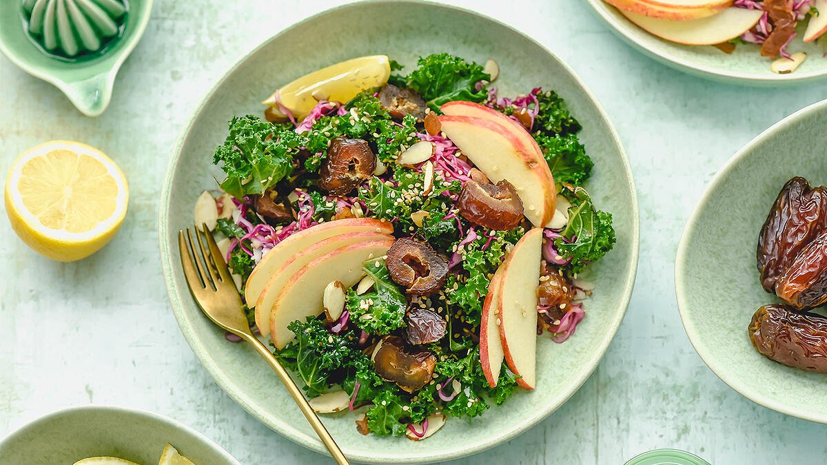Kale and Farro Salad with Slivered Almonds and Dates